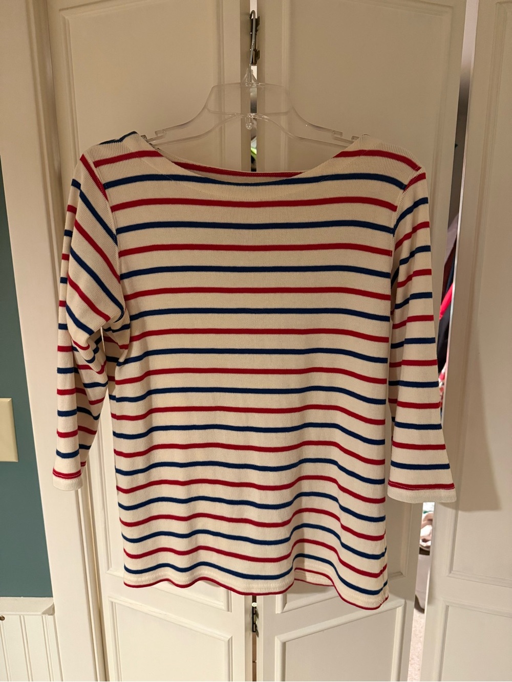 L.L. Bean Cream Boatneck Top with Red & Blue Stripes